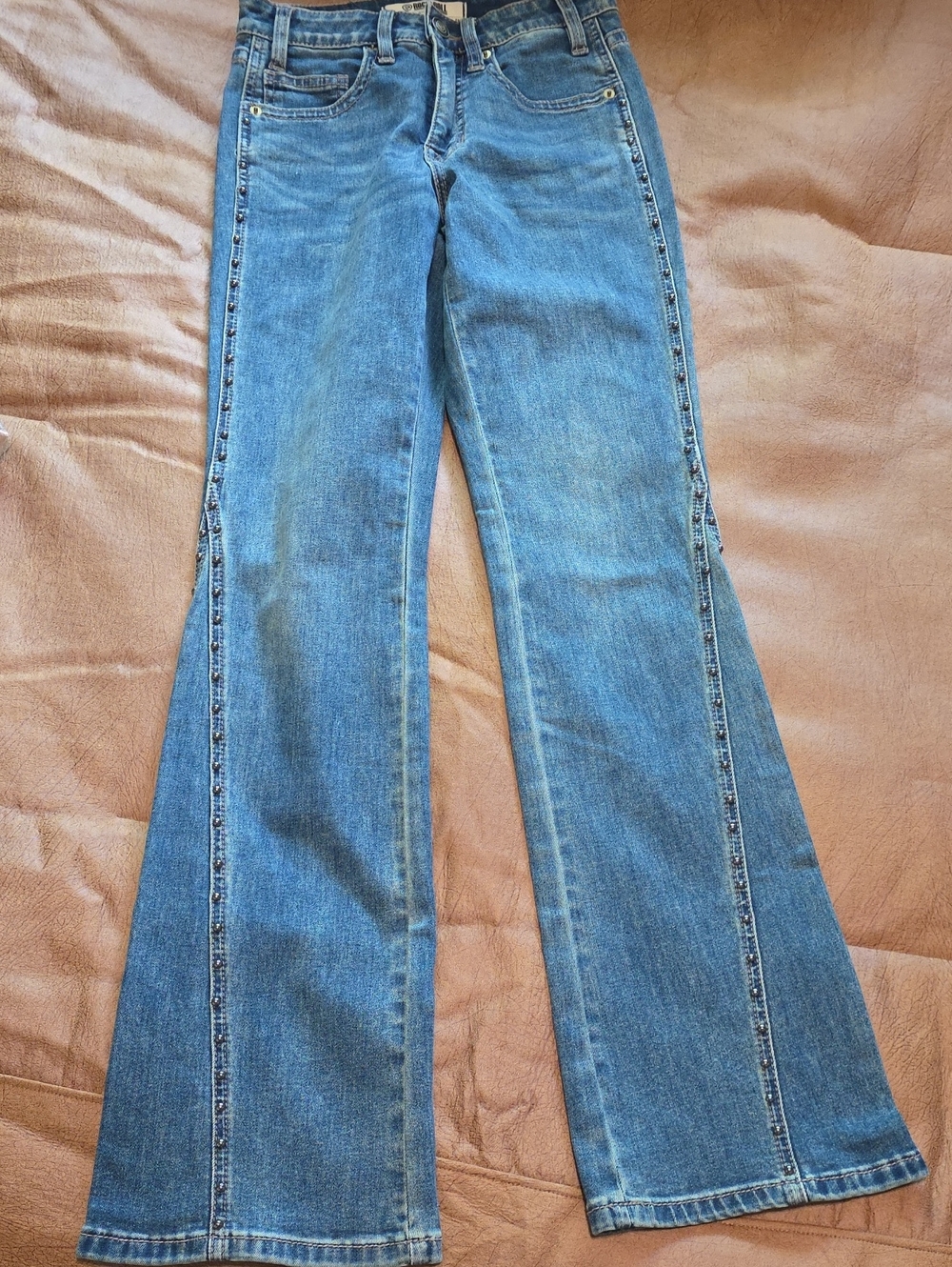 Women's Blue Flared Jeans With Studs - Classic Mid Wash